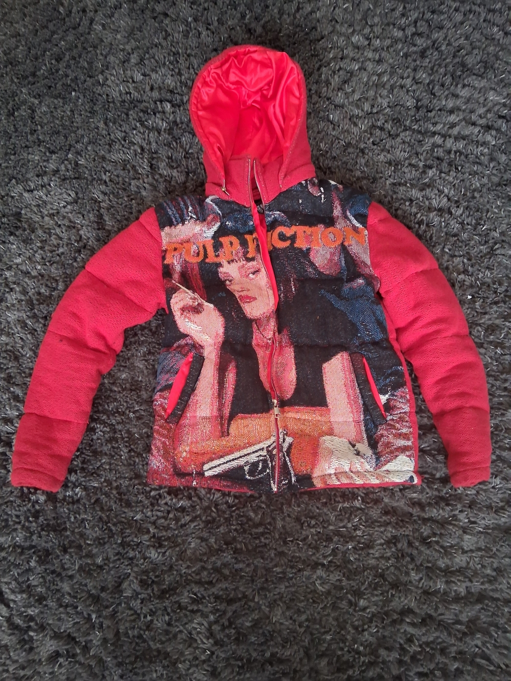 Red Graphic Hooded Jacket with Pulp Fiction Motif